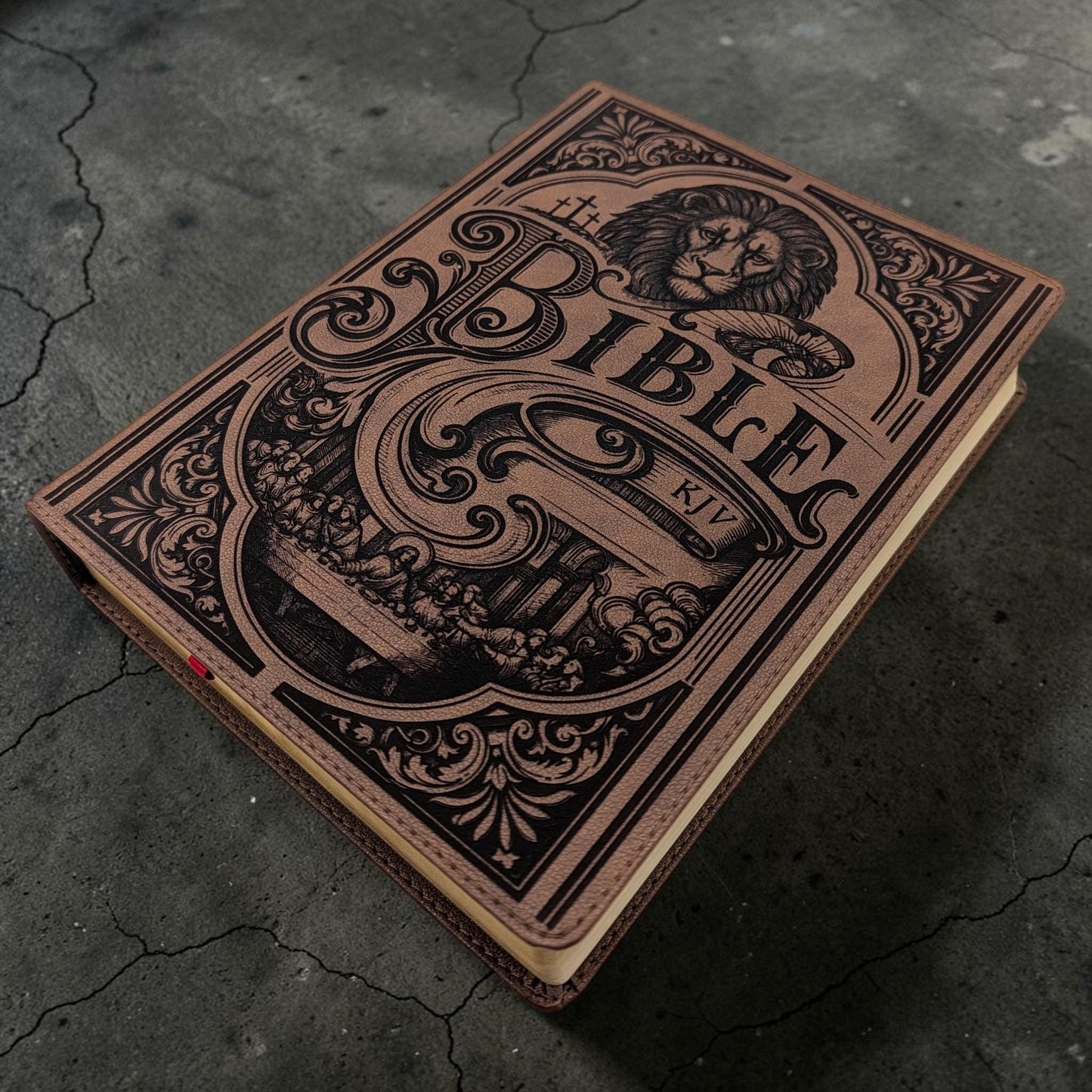 Personalized KJV Bible: Lion, Cross, Empty Tomb & Last Supper Engraving, Wide Margin, Brown Leatherlike