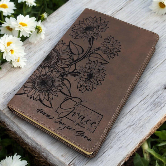 Personalized NLT Thinline Reference Bible for Women: Engraved Sunflower & Grow in Grace, Rustic Brown