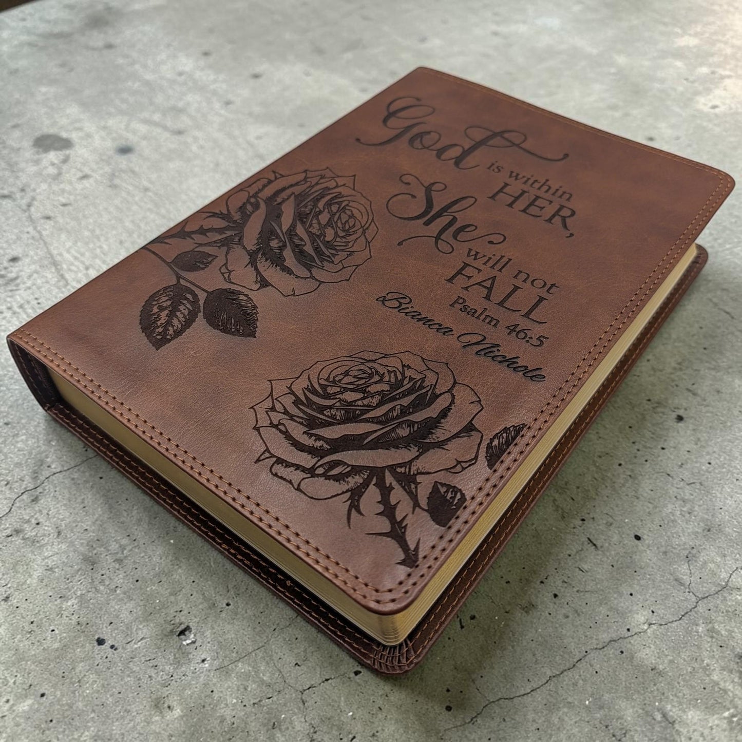 Personalized ESV Bible Giant Print (Brown): Rose Engraving Psalm 46 5, Gift for Her
