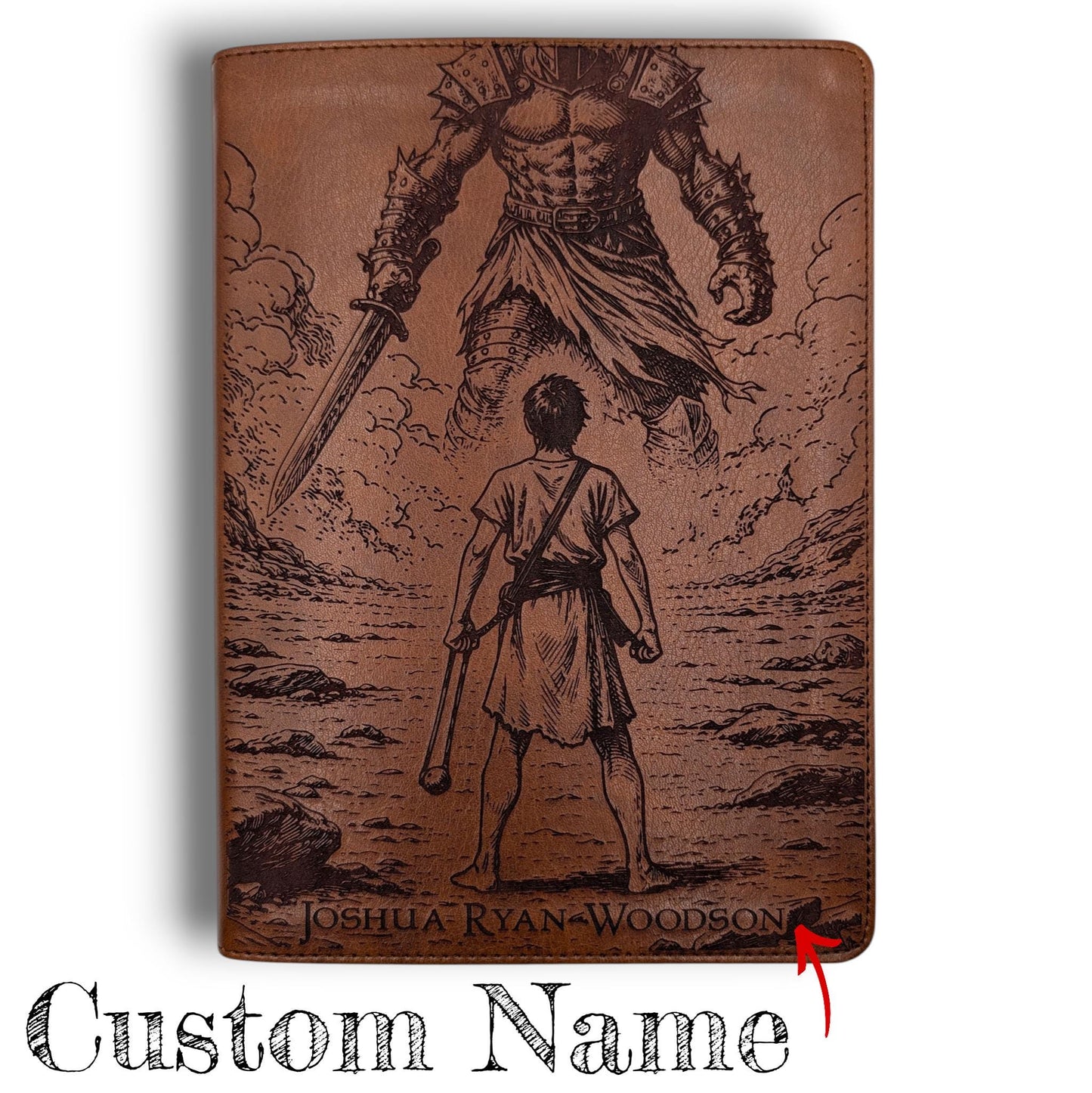 Personalized CSB He Reads Truth Bible: Engraved David & Goliath, Brown Leatherlike, Wide Margin