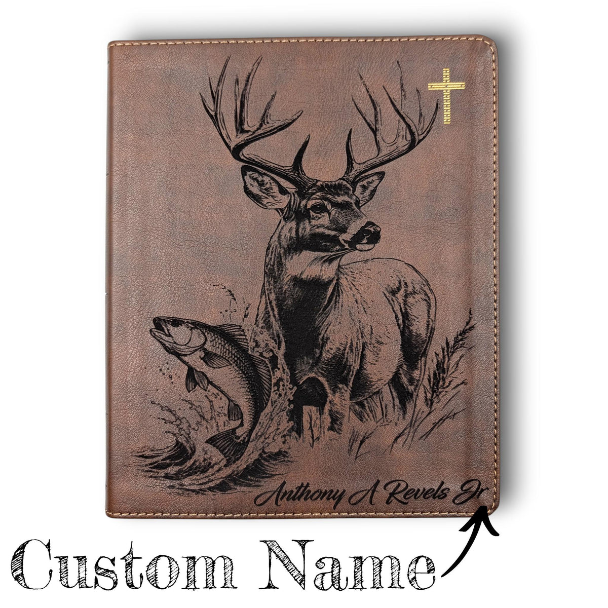 Personalized NIV Journal Bible: Engraved Buck Deer a Red Drum Fish, Lined Wide Margins