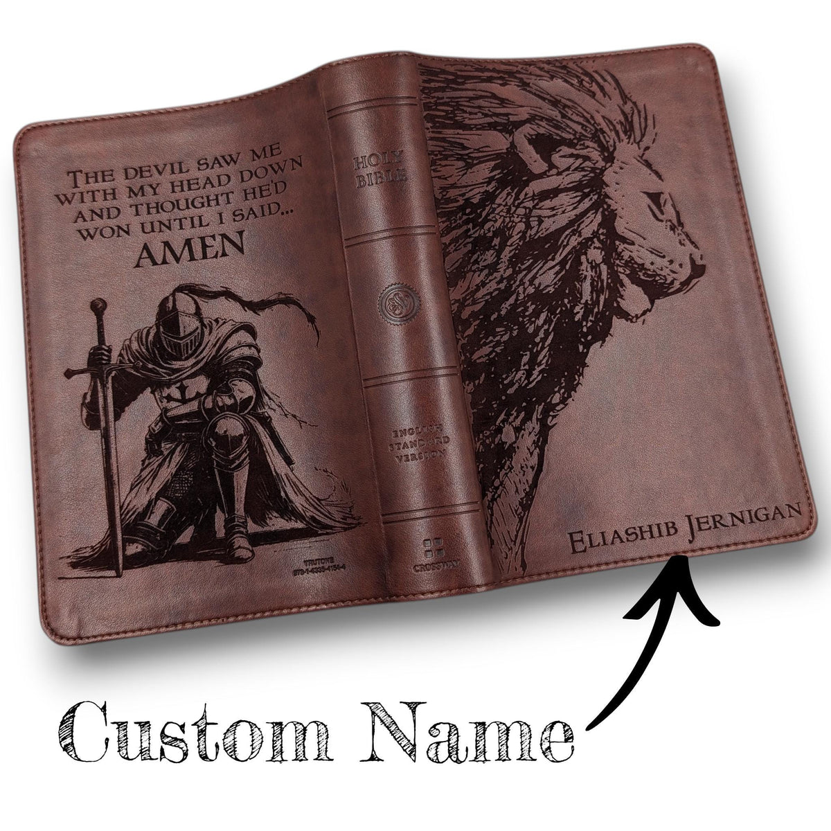 Personalized Large Print ESV Bible: Engraved Lion and Kneeling Warrior