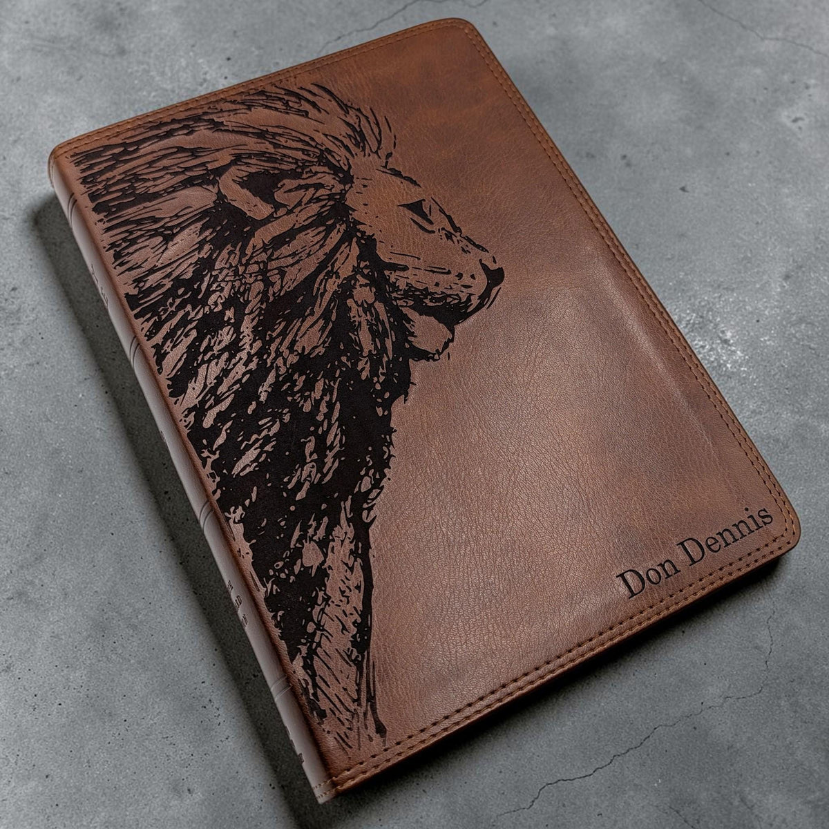 Personalized ESV Bible Giant Print: Engraved Lion and Custom Name, Brown Leatherlike Cover