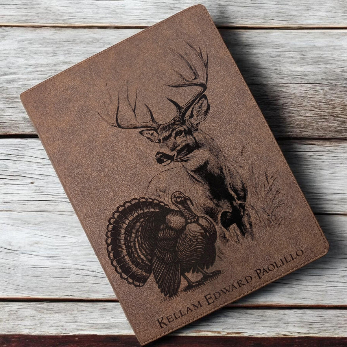 Personalized KJV Bible: Engraved Deer and Turkey, Wide Margin, Brown