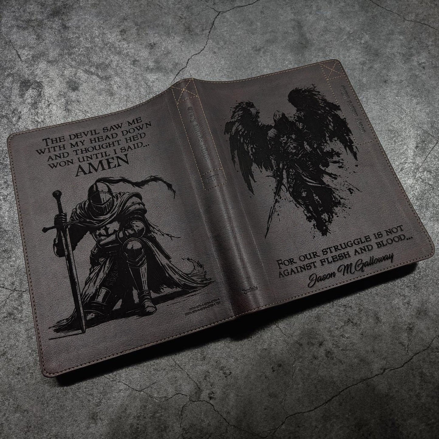 Personalized Every Man's NLT Bible (Brown): Michael Archangel, Kneeling Warrior Engraving, Optional Thumb Index