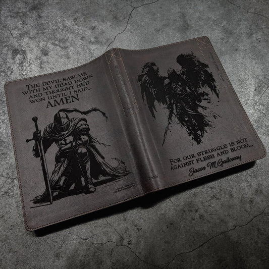 Personalized Every Man's NLT Bible (Brown): Michael Archangel, Kneeling Warrior Engraving, Optional Thumb Index