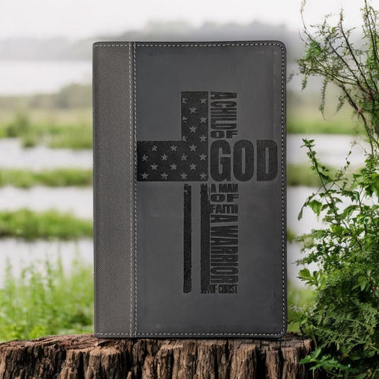 Personalized NIV Bible Large Print: Engraved Warrior of God Cross, Black Leatherlike, Thumb Index