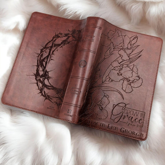 Personalized ESV Bible Large Print: Engraved Iris Flower, Crown of Thorns - Grow in Grace