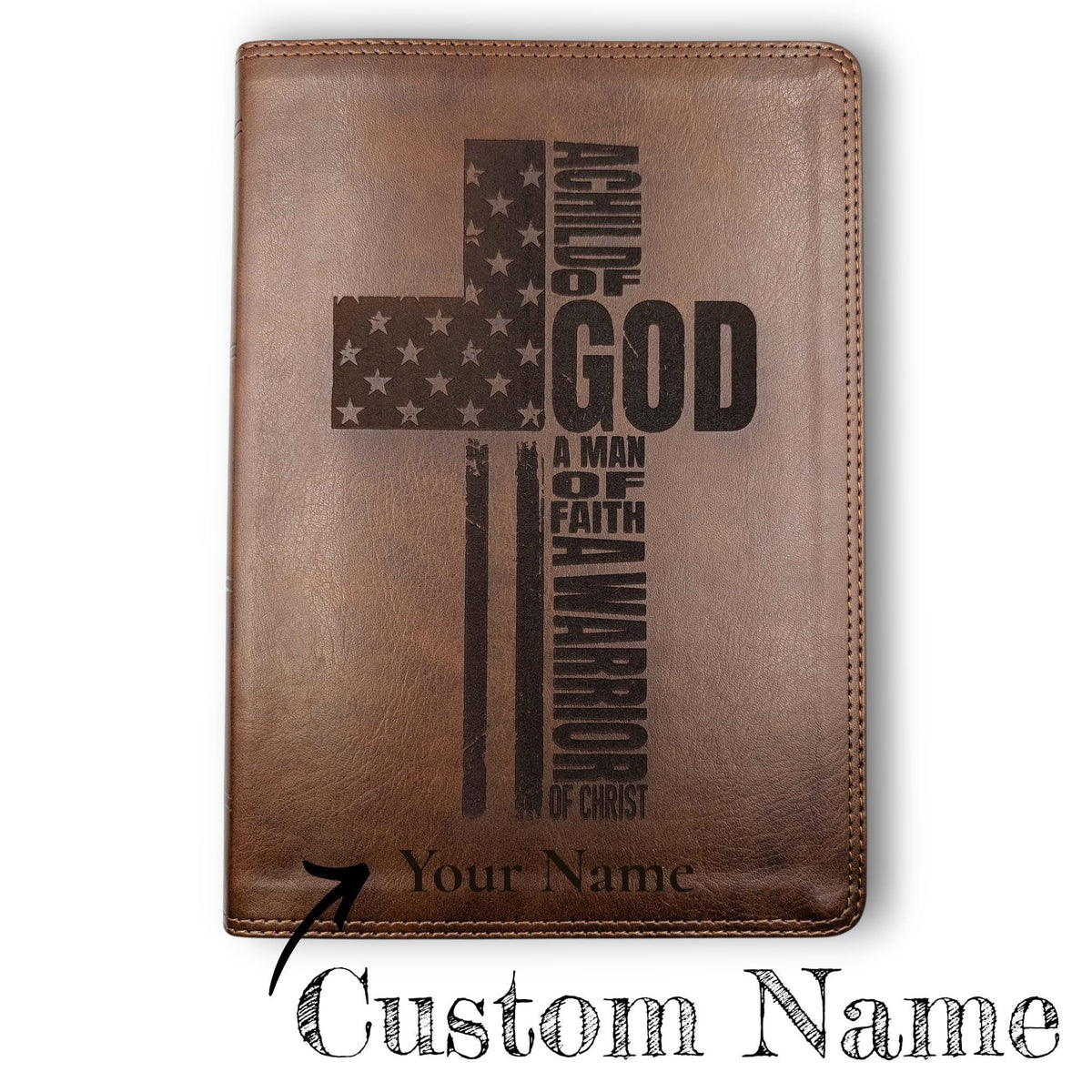 Personalized ESV Bible Giant Print: Engraved Warrior of Christ Cross Design, Deep Brown Leatherlike