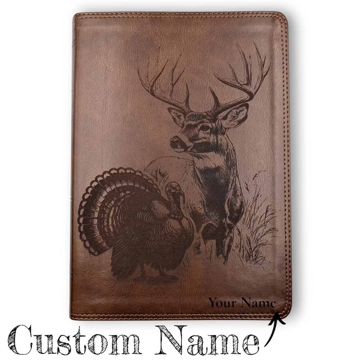 Personalized ESV Bible Giant Print: Engraved Deer and Turkey, Deep Brown Leatherlike