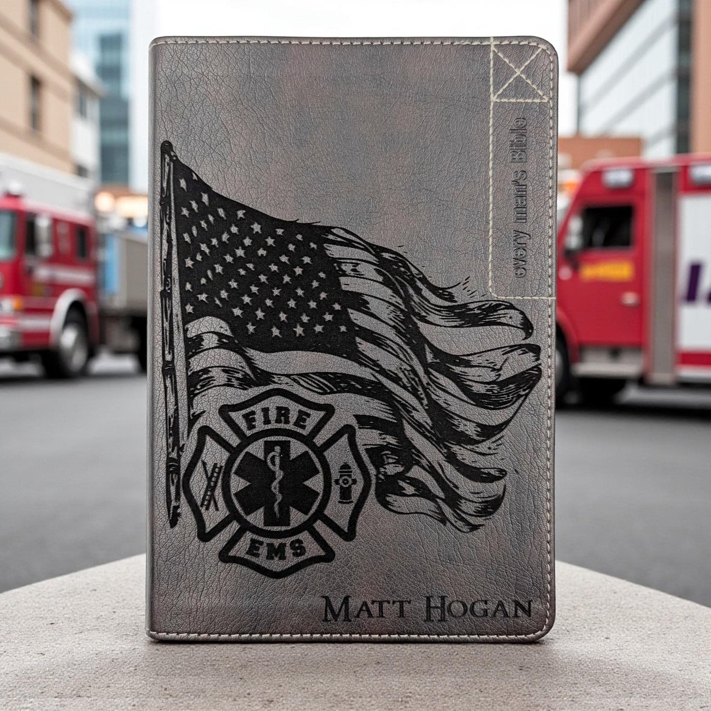Personalized Every Man's Bible NLT: Engraved EMS and Firefighter, Brown Deluxe Edition