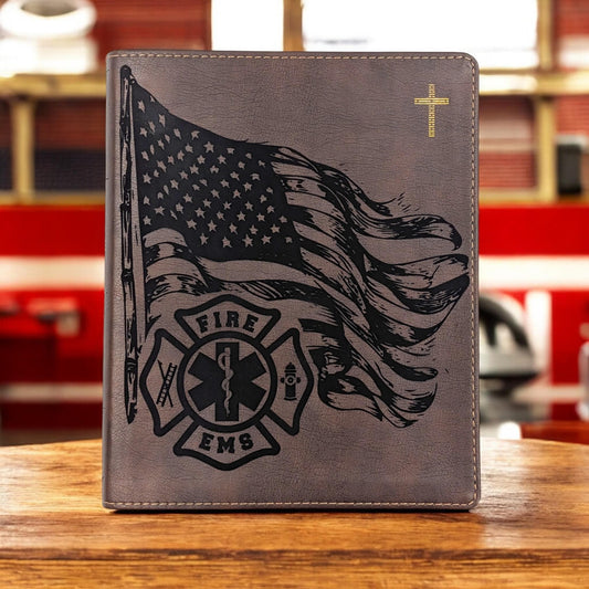 Personalized NIV Journal Bible: Engraved EMS Firefighter and American Flag, Lined Wide Margins