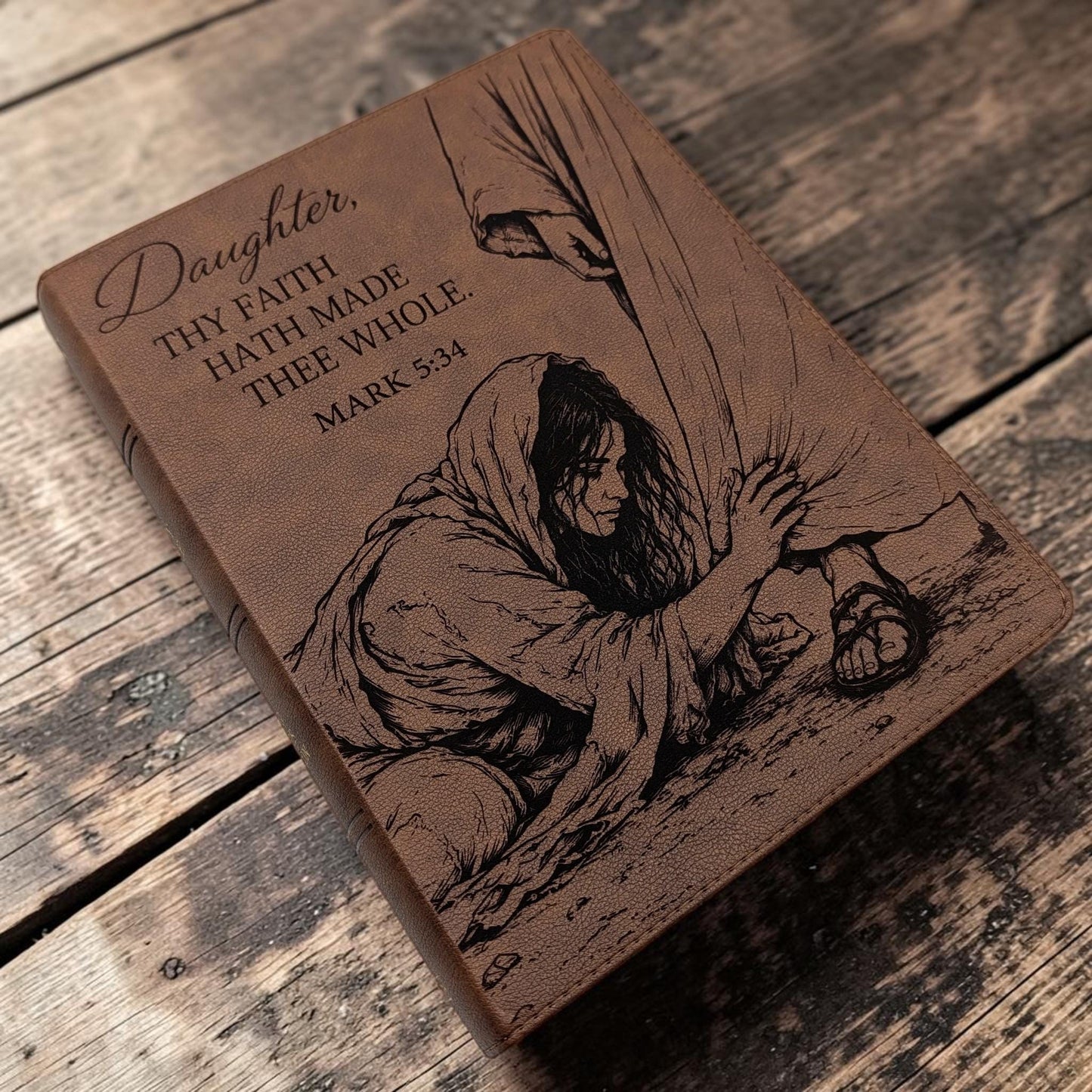 Personalized KJV Bible: Woman Touching Jesus' Garment Engraving, Wide Margin, Brown Leatherlike