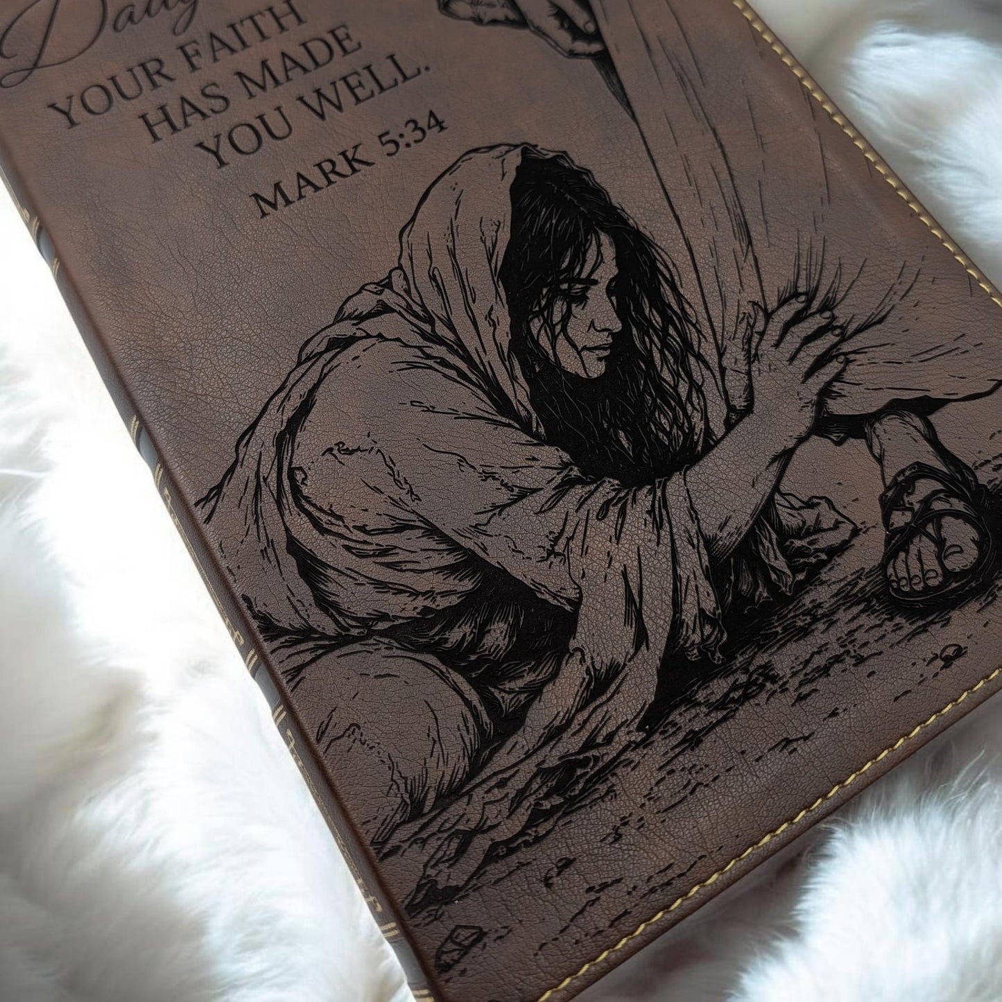 Personalized NKJV Bible with References: Woman Touching Jesus' Garment Engraving, Wide Margins