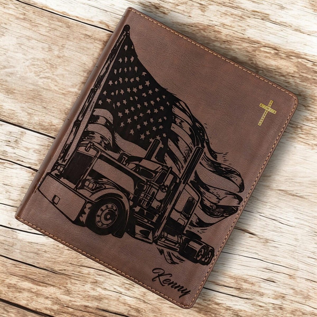 Personalized NIV Journal Bible: Engraved Semi Truck and American Flag, Lined Wide Margins