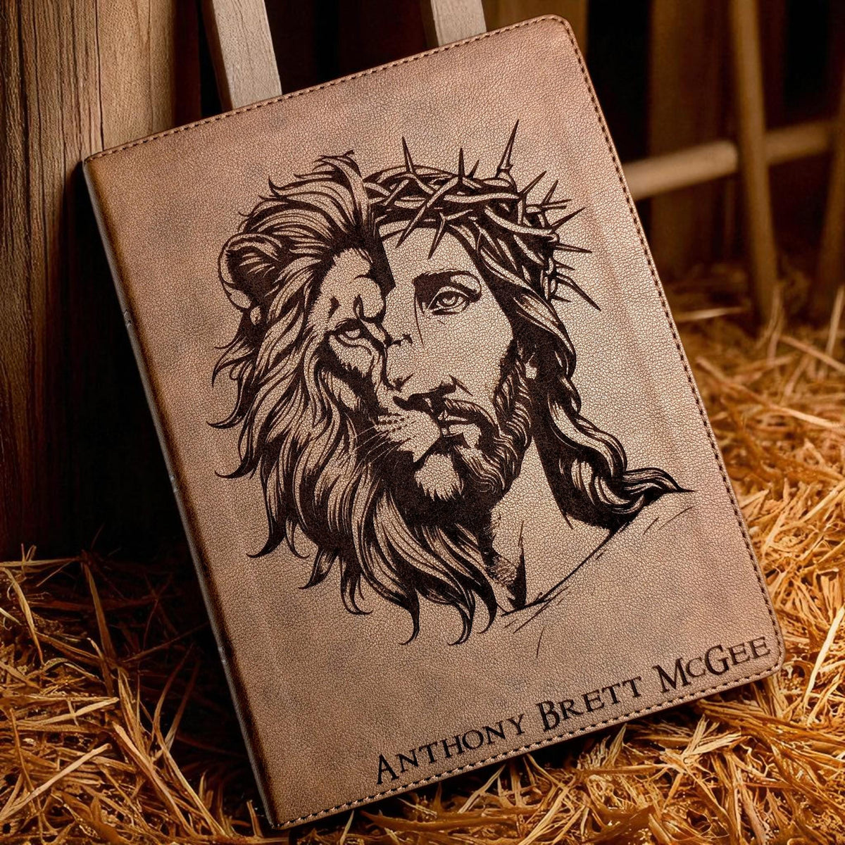 Personalized KJV Bible: Engraved Lion and Jesus, Wide Margin, Brown Leatherlike