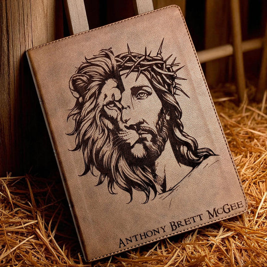 Personalized KJV Bible: Engraved Lion and Jesus, Wide Margin, Brown Leatherlike