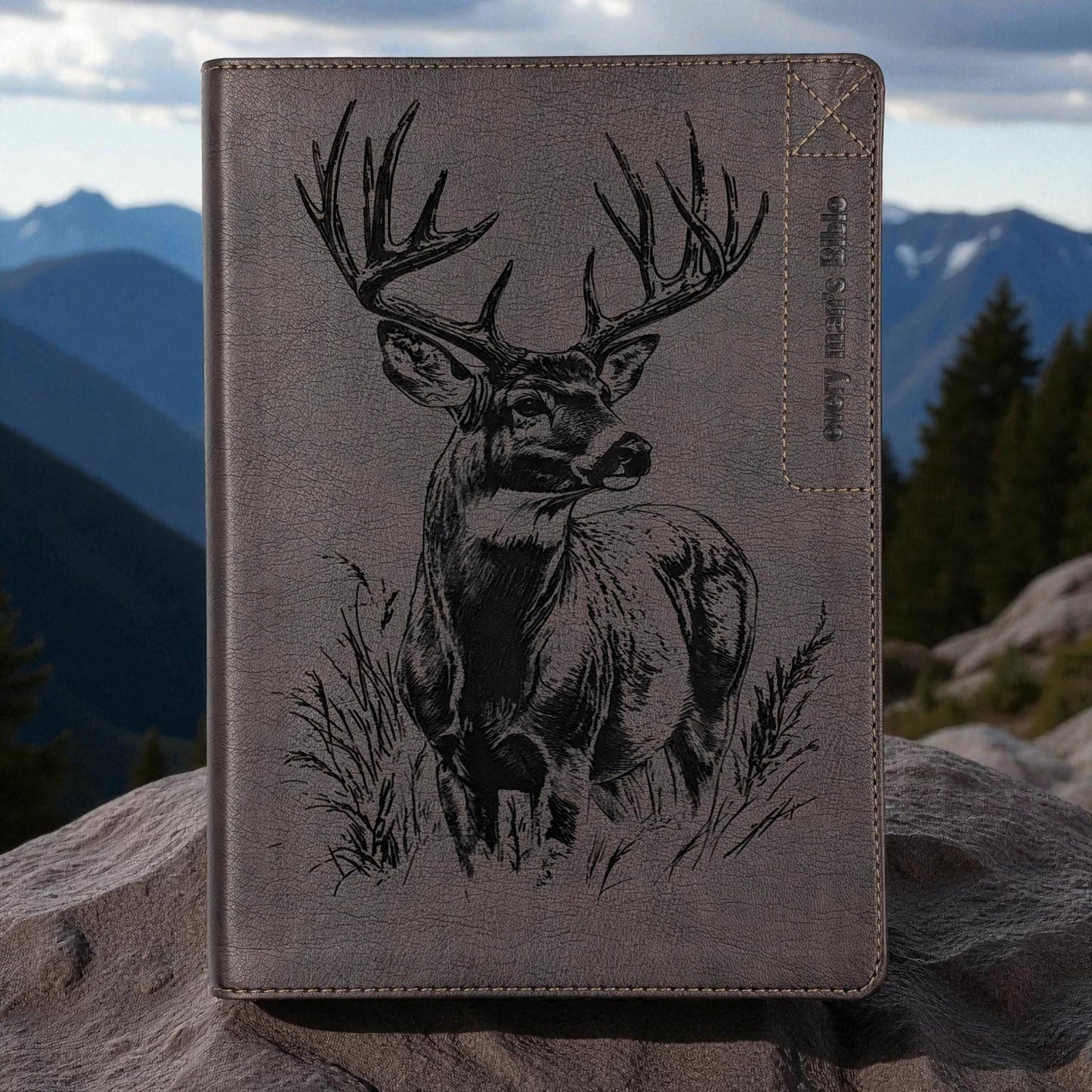 Personalized Every Man's Large Print NIV Bible: Engraved Buck Deer, Brown Leatherlike