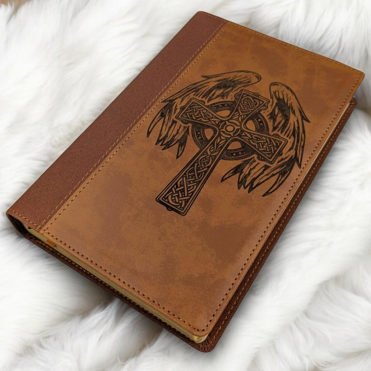 Personalized NIV Bible Large Print: Engraved Celtic Cross & Angel Wings, Brown Leatherlike