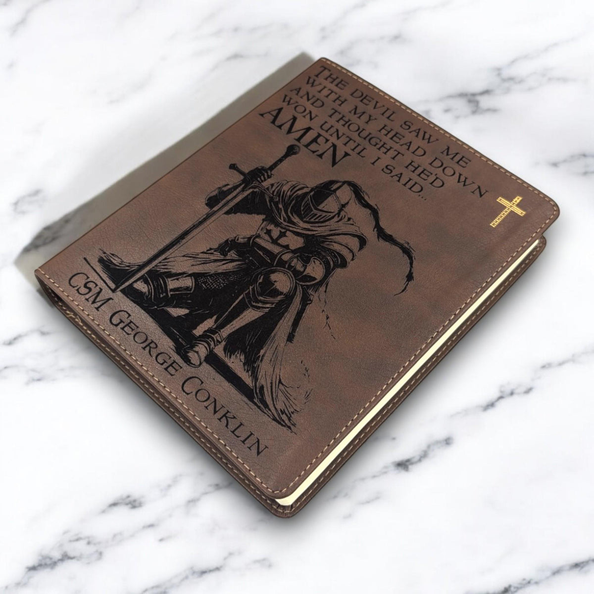Personalized NIV Journal Bible: Engraved Kneeling Warrior, Lined Wide Margins