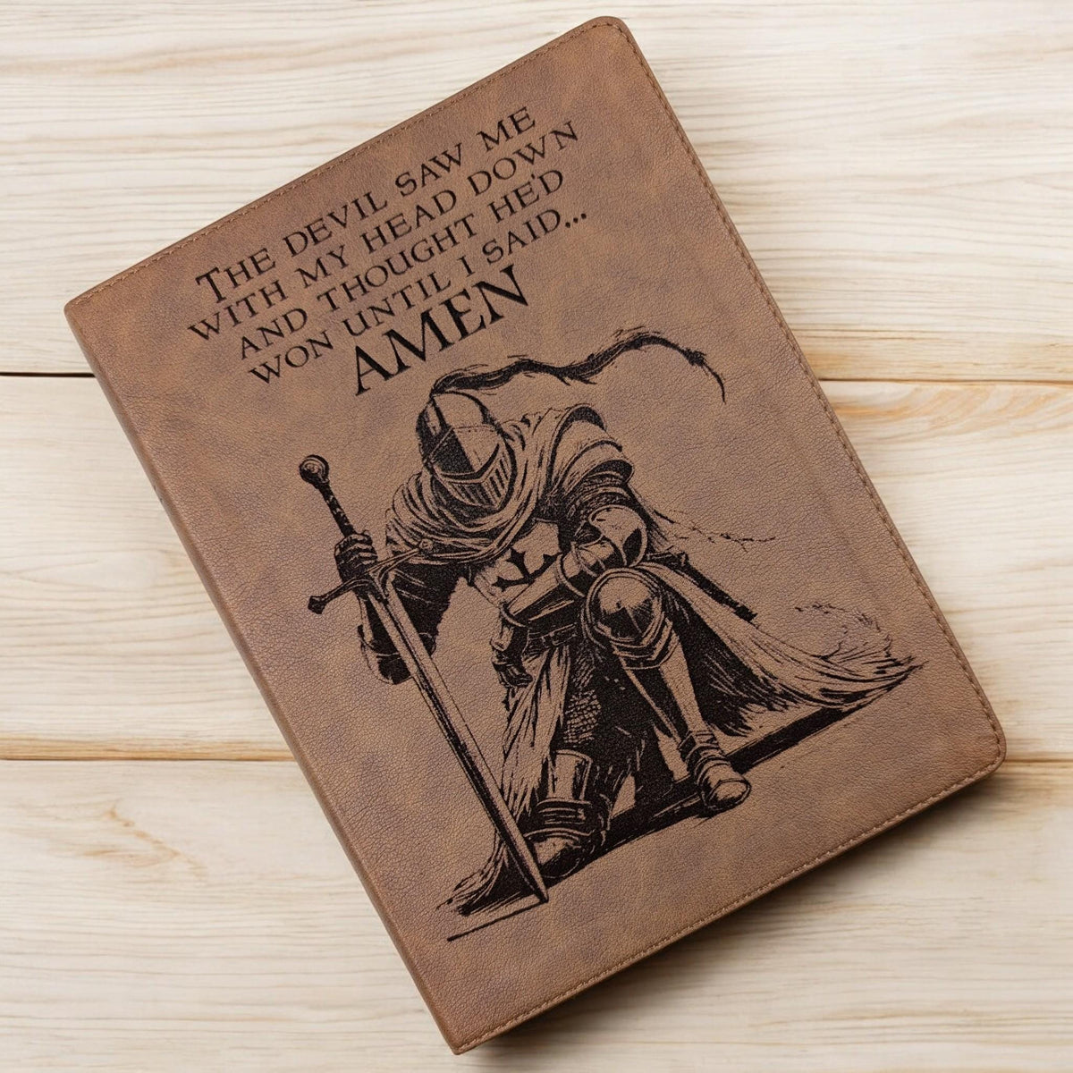 Personalized KJV Bible: Engraved Kneeling Warrior, Wide Margin, Brown