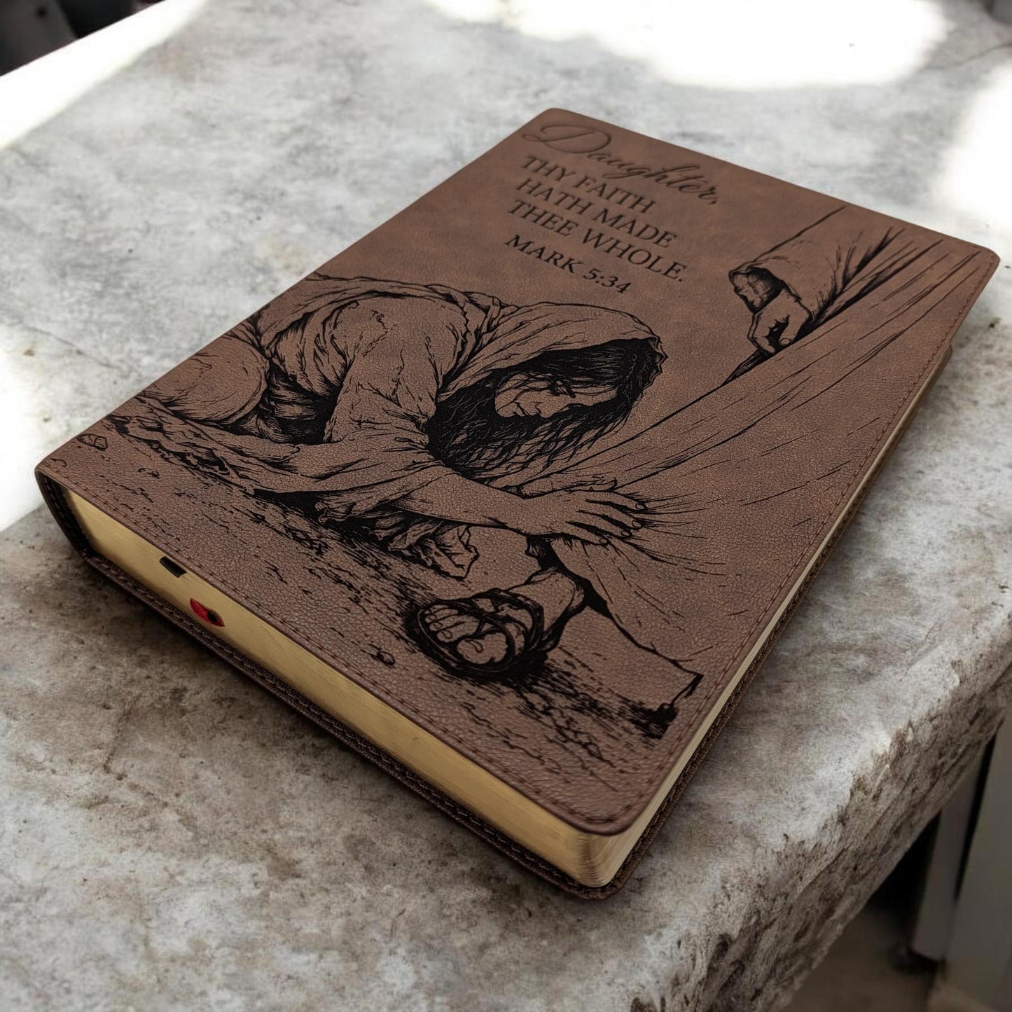 Personalized KJV Bible: Woman Touching Jesus' Garment Engraving, Wide Margin, Brown Leatherlike