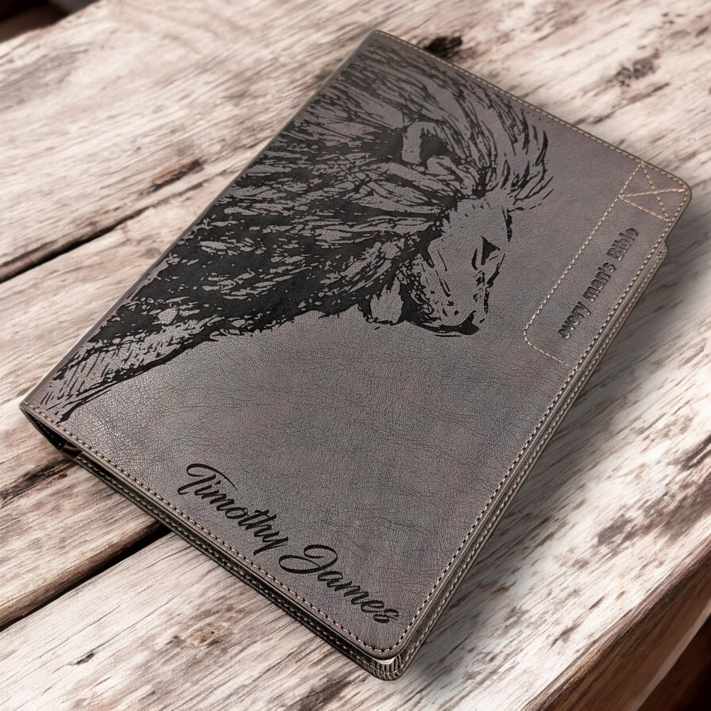 Personalized Every Man's Large Print NLT Bible (Brown): Engraved Lion, Optional Thumb Index