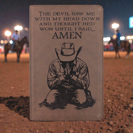 Personalized KJV Bible Personal Size: Engraved Kneeling Praying Cowboy, Brown Leatherlike