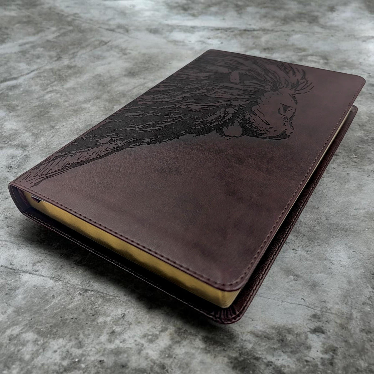 Personalized ESV Thinline Bible Large Print: Engraved Lion & Crown of Thorns, Mahogany Cover