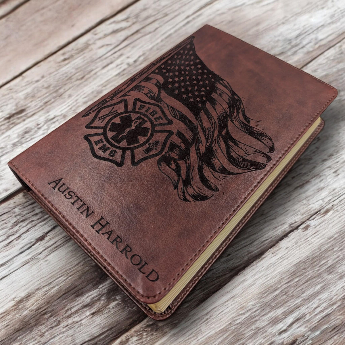 Personalized ESV Bible Large Print: Engraved EMS Firefighter and American Flag