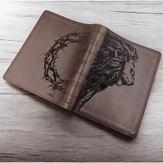 Personalized ESV Bible Giant Print: Engraved Lion and Crown of Thorns, Brown Leatherlike