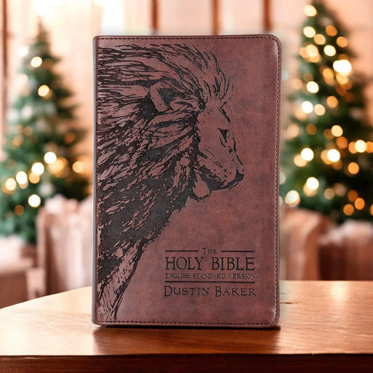 Personalized ESV Bible Large Print: Engraved Lion, Custom Name, Red Letter