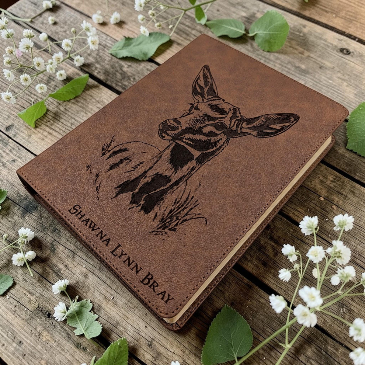 Personalized King James Bible KJV: Engraved Doe Deer, Wide Margins, Brown Leatherlike