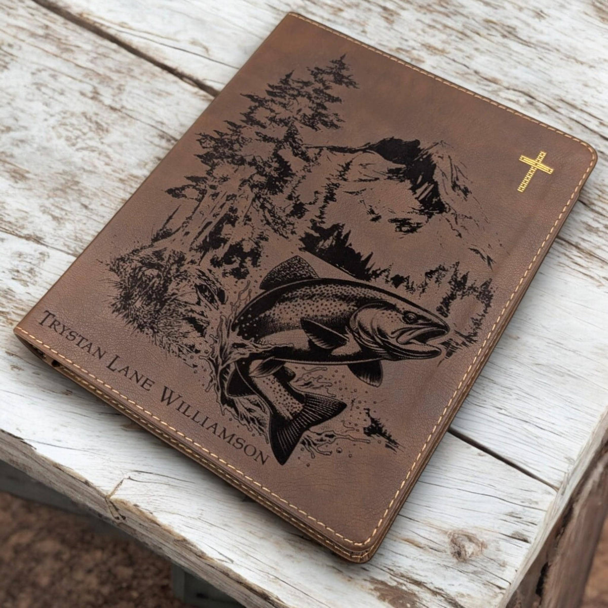 Personalized NIV Journal Bible: Engraved Fish and Nature Scene, Lined Wide Margins