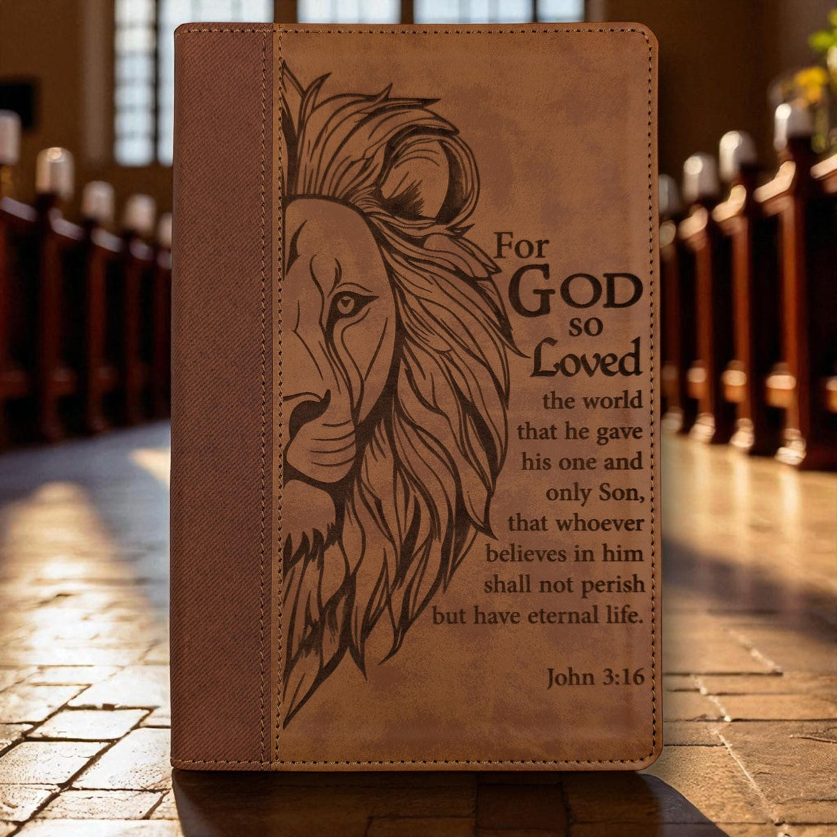 Personalized NIV Bible Large Print: Engraved Lion and John 3-16 Verse, Brown Leatherlike