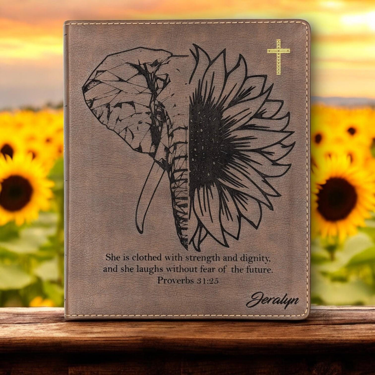 Personalized NIV Journal Bible for Women: Engraved Elephant & Sunflower, Lined Wide Margins