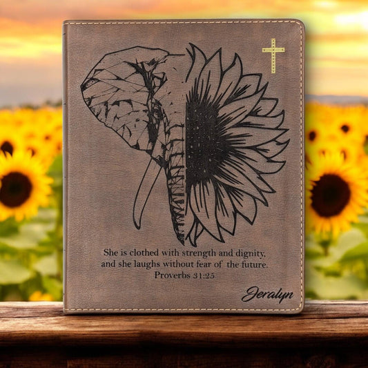 Personalized NIV Journal Bible for Women: Engraved Elephant & Sunflower, Lined Wide Margins