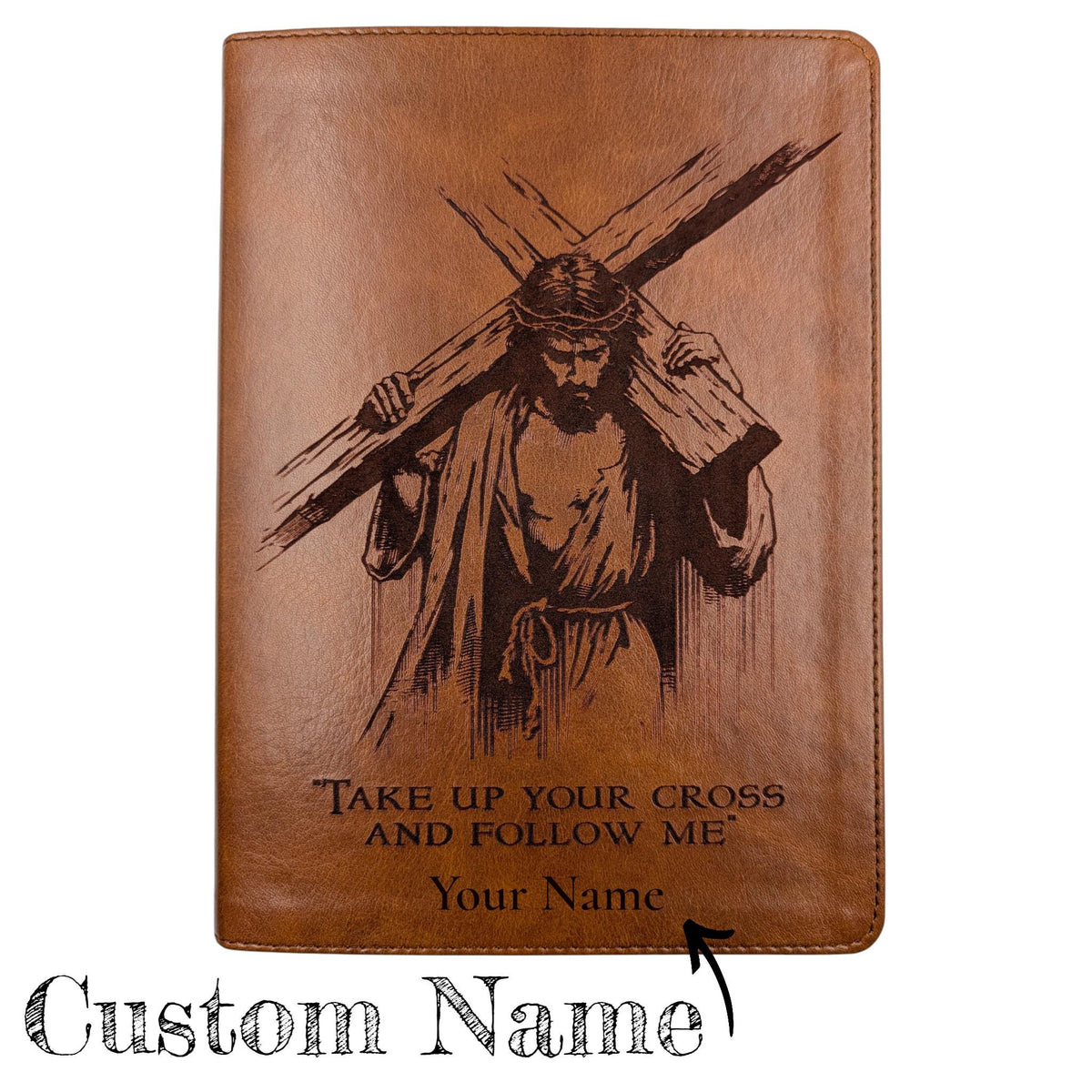 Personalized CSB He Reads Truth Bible: Engraved Cross and Jesus, Brown Leatherlike, Wide Margin