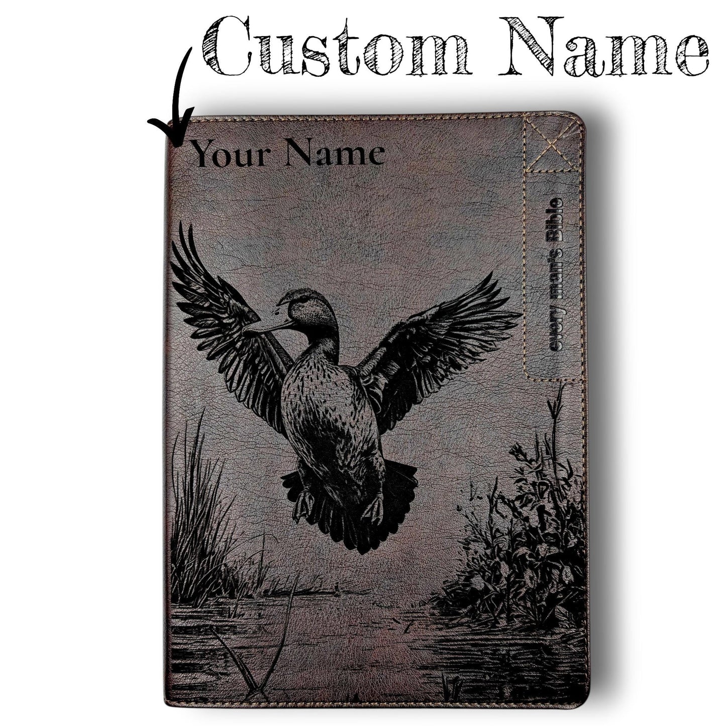 Personalized Every Man's Large Print NIV Bible: Duck Engraving, Custom Name, Brown Leatherlike