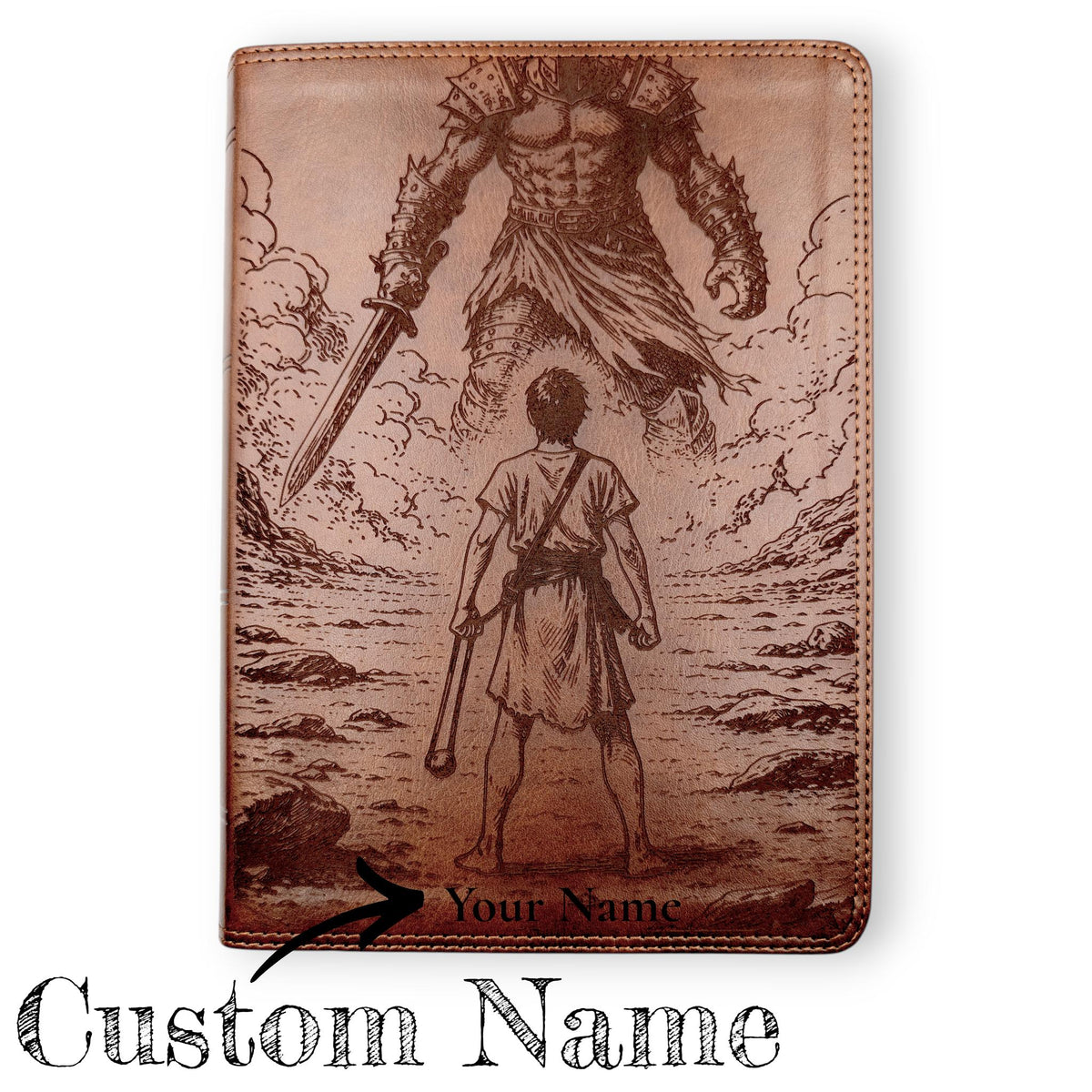Personalized ESV Bible Giant Print: Engraved David and Goliath Design, Deep Brown Leatherlike