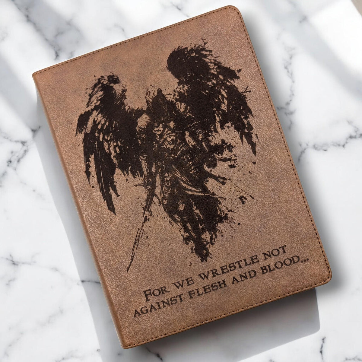 Personalized KJV Bible: Engraved Michael the Archangel and Kneeling Warrior, Wide Margin, Brown Leatherlike