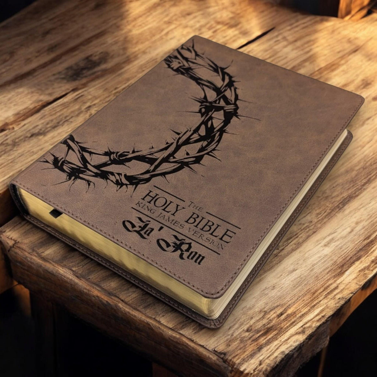 Personalized KJV Bible: Engraved Crown of Thorns, Wide Margin, Brown Leatherlike