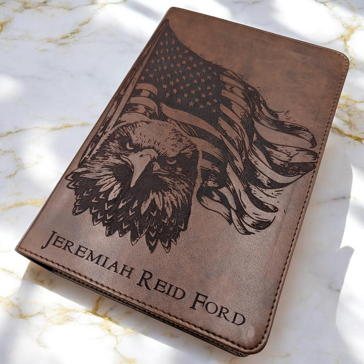 Personalized ESV Study Bible: Engraved American Flag and Eagle Design, Brown Leatherlike, Personal Size