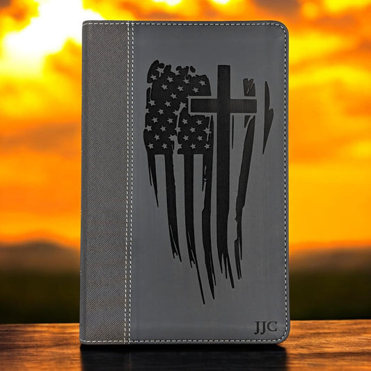 Personalized NIV Bible Large Print: Engraved American Flag and Cross, Black Leatherlike