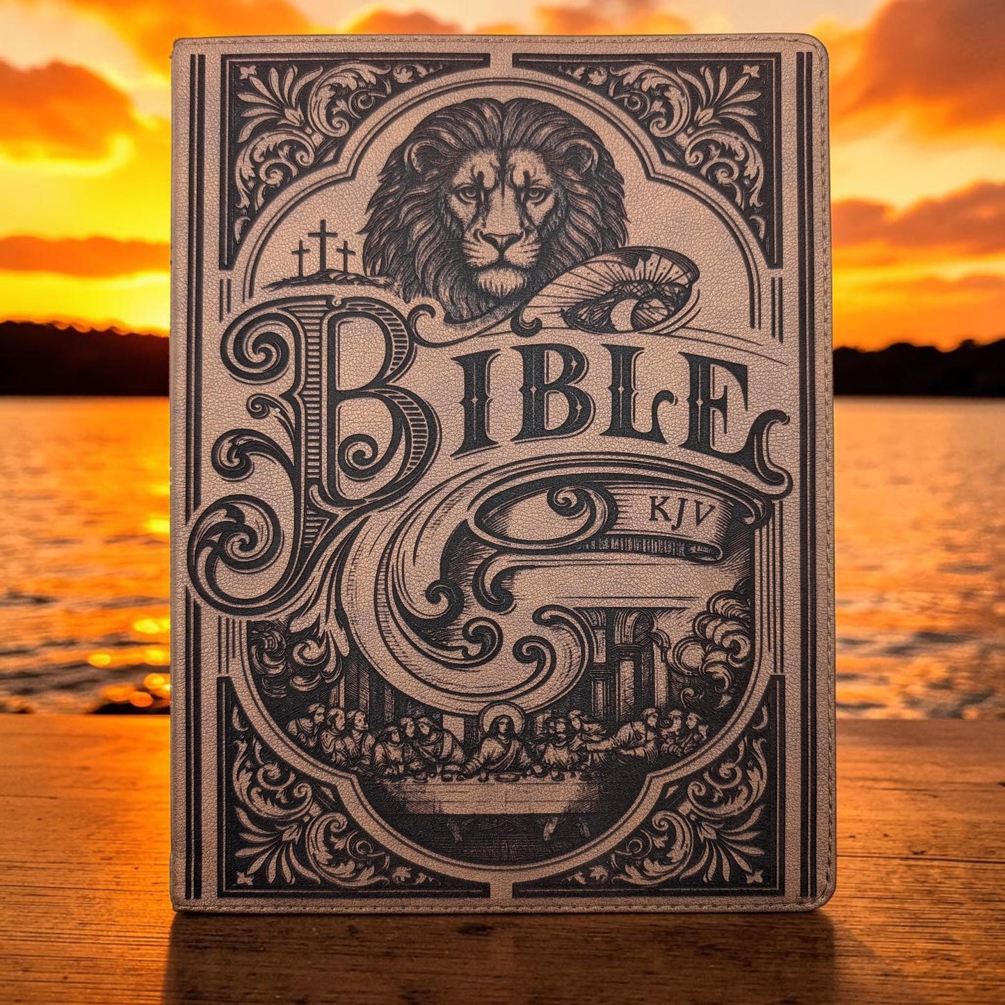 Personalized KJV Bible: Lion, Cross, Empty Tomb & Last Supper Engraving, Wide Margin, Brown Leatherlike