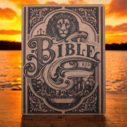 Personalized KJV Bible: Lion, Cross, Empty Tomb & Last Supper Engraving, Wide Margin, Brown Leatherlike