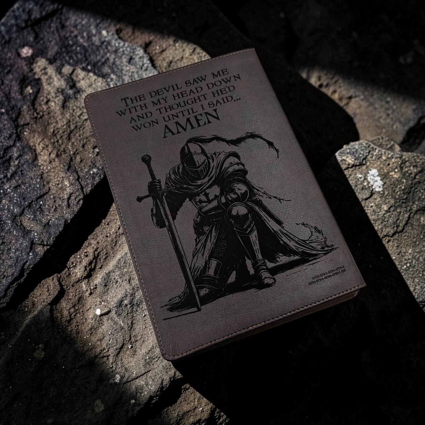 Personalized Every Man's Large Print NIV Bible: Engraved Lion and Kneeling Warrior, Brown Leatherlike