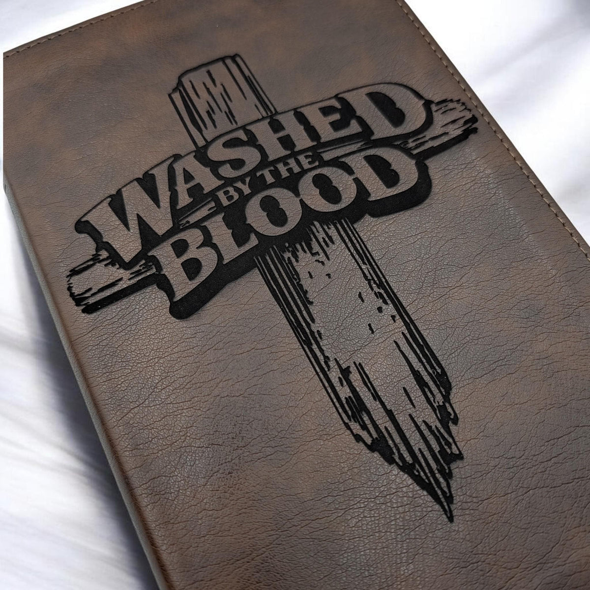 Personalized NLT Thinline Reference Bible: Engraved Washed By The Blood Cross Design, Rustic Brown Cover