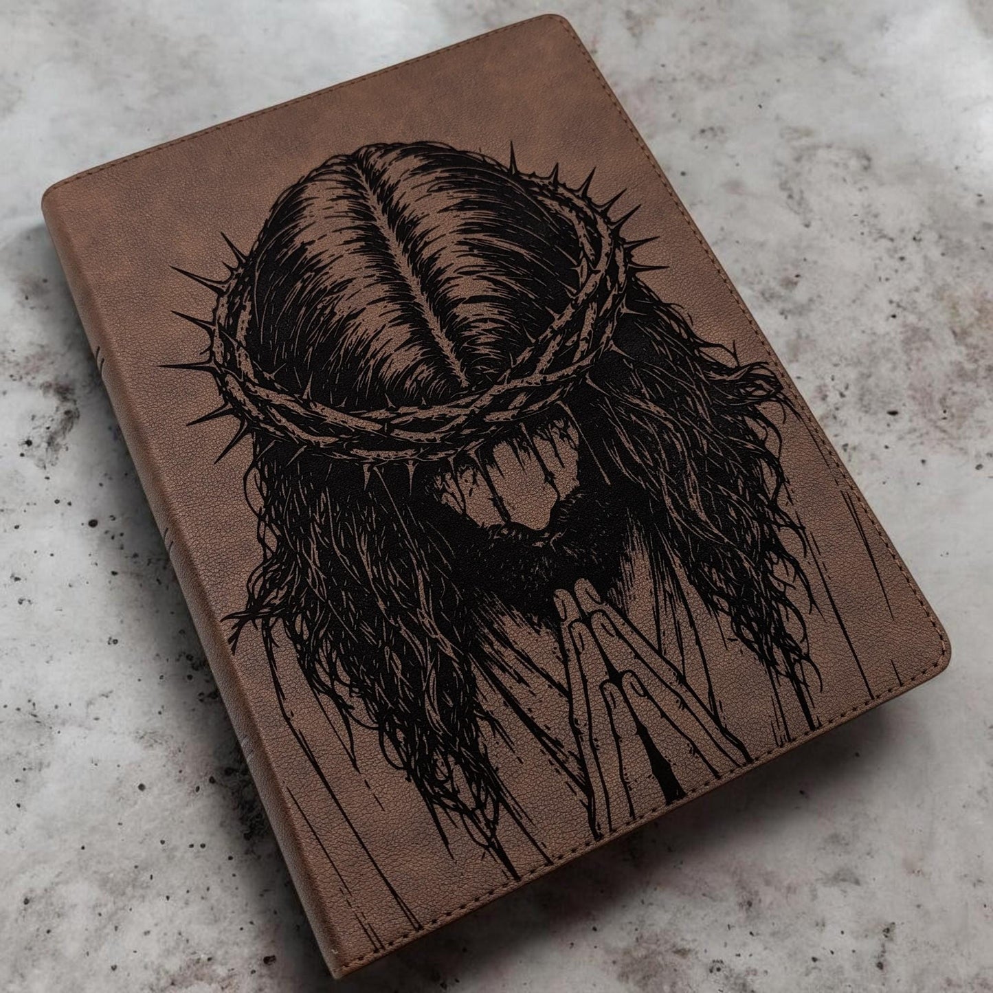 Personalized KJV Bible: Praying Jesus with Crown of Thorns Engraving, Wide Margin, Brown Leatherlike