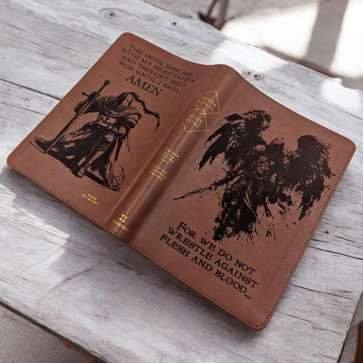 Personalized ESV Spanish English Parallel Bible: Engraved Michael the Archangel and Kneeling Warrior, Reina-Valera Translation